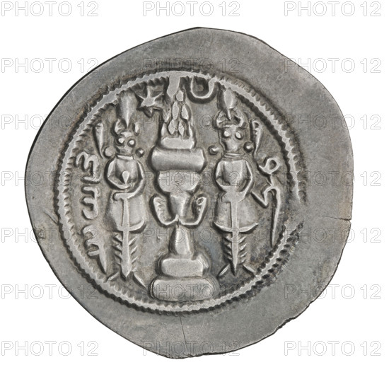 Drachma of Khosroes I Anoshirvan (ruler of Persia; r. 531–579). Obverse: bust of Khosroes I facing right; wearing a crown on a diadem, crescent with a star to the right, a star to the left; short curly beard, hair tied back in a lock; beads on the neck (central one three triangular beads) and a second long chain around the neck; earring of three triangular beads; three crescents outside the rim; Pahlavi legend. Reverse: fire altar; left of altar the ruler stands facing forward holding a sword, right of altar a priest stands facing forward holding a sword; star top left, crescent top right; signs/monograms on both sides; pearl rim; Pahlavi legend. Date: 537–579. Persian (Sassanid) art; Sassanid Kingdom. Coin: diameter 28.5 × 29.0 mm, weight 3.24 g.