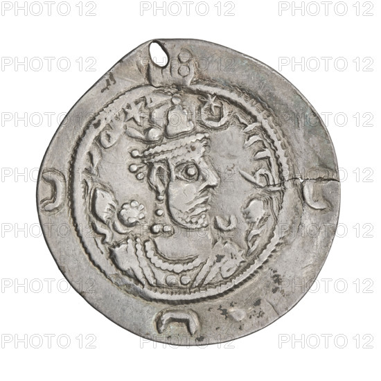 Drachma of Khosroes II Anoshirvan (ruler of Persia, 531–579). Obverse: bust of Khosroes I facing right; wearing a crown with a crescent topped by a korymbos, a crescent with a star on the right, a star on the left; short curly beard, hair tied back in a lock; beads on the neck (central bead composed of three triangular beads), a second long chain around the neck, and an earring made of three triangular beads. Pahlavi legend. Reverse: fire altar; left of altar the ruler stands facing forward holding a sword, right of altar a priest stands facing forward holding a sword; star at top left and crescent at top right; signs/monograms on both sides; pearl rim. Sassanid art, Sassanid Kingdom, Iran/Persia, 537–579. Coin: diameter 27.0 mm, weight 3.15 g.