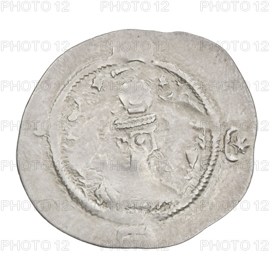 Drachma of Hormizd IV (r. 579–590). Obverse: bust of Hormizd IV facing right, wearing a crown and a globe; Pahlavi inscription. Reverse: burning altar; to its left the ruler/Arsaces stands facing forward with a sword in his hand; to the right a priest stands facing forward holding a sword; star at top left, crescent at right, signs/monograms on both sides; pearl rim. Pahlavi inscription. Persia, 579–590. Coin, weight 4.10 g.