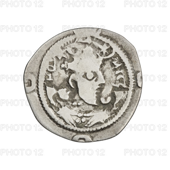 drachma, Khosroes II Anoshirvan (ruler of Persia; 531–579). Obv.: bust of Khosroes I right; on the head a crown with a diadem, to the right a crescent with a star, to the left a star; short curly beard, hair tied back in a lock; beads on the neck (central one three triangular beads) and a second long chain around the neck; earring of three triangular beads. Pahlavi legend. Rev.: burning fire altar; left the ruler stands facing holding a barsom, right a priest stands facing holding a barsom; top left a star, top right a crescent; signs/monograms on both sides; pearl rim. Sassanid art; Sassanid Kingdom; korymbos. Date: 537–579. Iran (Persia). Coin (drachma): diameter 24.0–25.0 mm; weight 3.05 g.