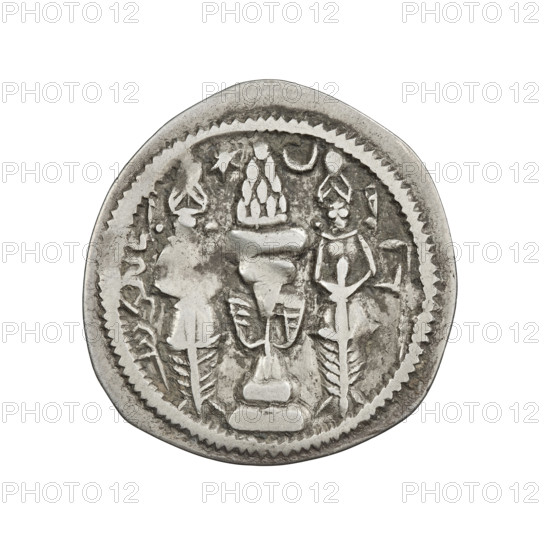 drachma, Khosroes II Anoshirvan (ruler of Persia; 531–579). Obverse: bust of Khosroes I right; crown with diadem, crescent with a star at right, star at left; short curly beard, hair tied back in a lock; beads on the neck with a central triple triangular bead, second long chain, earring of three triangular beads. Pahlavi legend. Reverse: burning altar with the ruler standing at left holding a barsom, priest at right holding a barsom; star at top left, crescent at top right, signs/monograms at both sides; pearl rim. Date: 537–579. Persia (Iran). Coin, drachma; diameter 24.0–25.0 mm; weight 3.05 g. Sassanid art; Sassanid Kingdom; motifs: swords, busts, crowns, altars, moons; korymbos; fire altar.
