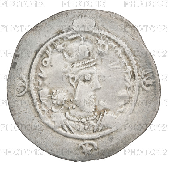 Drachma, Hormizd IV (ruler of Persia; 579–590). Obverse: bust of Hormizd IV facing right, wearing a crown decorated with a diadem; star to the right and a star in a crescent to the left; triangle composed of three dots above the ear and as an earring, beads on the neck and a central triangle of three dots; pearl rim; symbol of the cosmos above the crown; crescents with stars at bottom and sides; Pahlavi inscription. Reverse: burning altar; to its left the ruler/Arsaces stands facing forward with a sword, to its right a priest stands facing forward holding a sword; star at top left and crescent at top right; signs/monograms on both sides; pearl rim; Pahlavi inscription. 579–590, Persia; coin; weight 4.20 g.