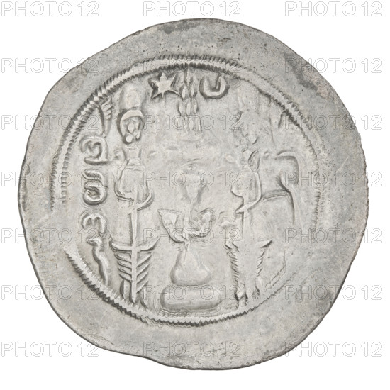 Drachma of Hormizd IV (ruler of Persia; 579–590). Obverse: bust of Hormizd IV facing right, wearing a crown decorated with a diadem; to the right a star, to the left a star in a crescent; a triangle composed of three dots appears above the ear and as an earring, beads on the neck and a central triangle of three dots; pearl rim; above the crown a symbol of the cosmos; at the bottom and on both sides a crescent with a star; Pahlavi inscription. Reverse: burning altar; to its left the ruler/Arsaces stands facing forward with a sword in his hand; to the right a priest stands facing forward holding a sword; top left a star, top right a crescent; signs/monograms on both sides; pearl rim; Pahlavi inscription. Date: 579–590. Persia. Coin; weight 4.20 g.