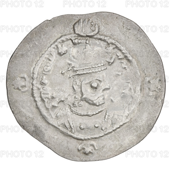 drachma, Hormizd IV (ruler of Persia; 579–590). Obverse: bust of Hormizd IV facing right, wearing a crown decorated with a diadem; star on the right and a star in a crescent on the left; triangle of three dots above the ear and as an earring; beads on the neck and a central triangle of three dots; rim of pearls; crown topped with a korymbos; outside the rim three crescents with stars; Pahlavi legend. Reverse: fire altar; left the ruler stands facing forward holding a sword; right a priest stands facing forward holding a sword; top left a star, top right a crescent; signs/monograms on both sides; pearl rim; Pahlavi legend. Sassanid art; Sassanid Kingdom; motifs: busts, swords, altars, crowns, moons, korymbos. Date: 579–590. Origin: Persia (Iran). Coin. Diameter 29.0 × 31.0 mm; weight 4.10 g.