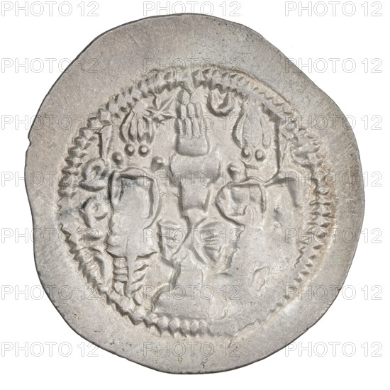 Drachma, Hormizd IV (r. 579–590). Obverse: bust of Hormizd IV facing right, wearing a crown decorated with a diadem, star at right and a star in a crescent at left, triangle of three dots above the ear and as an earring, beaded necklace with central triangle of three dots; rim of pearls, crown topped with a korymbos; outside the rim three crescents with stars; Pahlavi legend. Reverse: fire altar; left of altar the ruler stands facing, holding a sword; right of altar a priest stands facing, holding a sword; top left a star, top right a crescent; signs/monograms at sides; pearl rim; Pahlavi legend. Sassanid art/Kingdom; Persia (Iran); coin dated 579–590. Coin: diameter 29.0 × 31.0 mm; weight 4.10 g.