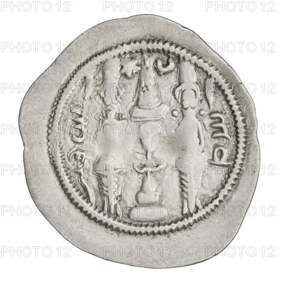 Drachma, Hormizd IV (ruler of Persia; 579–590). Obverse: bust of Hormizd IV facing right, wearing a crown decorated with a diadem; to the right a star and to the left a star within a crescent; above the ear and as an earring a triangle composed of three dots; beads on the neck and a central triangle of three dots; pearl rim; above the crown a symbol of the cosmos; at the bottom and on both sides a crescent with a star; Pahlavi inscription. Reverse: burning altar; to its left the ruler/Arsaces standing facing forward with a sword in his hand; to the right a priest standing facing forward holding a sword; top left a star and top right a crescent; signs/monograms on both sides; pearl rim; Pahlavi inscription. Dated 579–590, Persia; coin; weight 4.02 g.