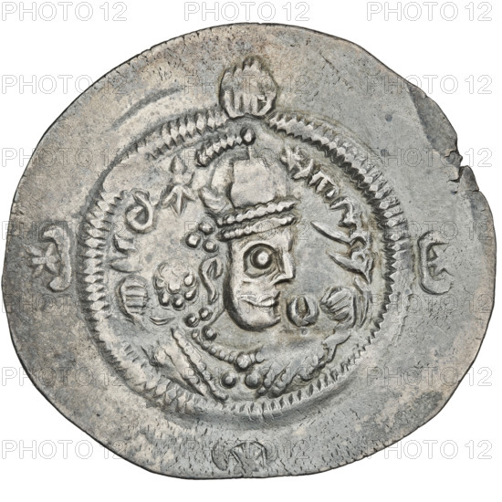 drachma, Hormizd IV (ruler of Persia; 579–590), Sassanid silver coin depicting busts, swords, crowns, fire altar, moons; Sassanid art. Obverse: bust of Hormizd IV right, wearing a crown decorated with a diadem; star to right, star in a crescent to left; triangle of three dots above the ear and as an earring; beads on the neck and a central triangle of three dots; pearl rim; symbol of the cosmos above the crown; crescents with stars at bottom and sides; Pahlavi legend. Reverse: fire altar; left a ruler stands facing holding a sword, right a priest stands facing holding a sword; star top left, crescent top right; signs/monograms at sides; pearl rim; Pahlavi legend. Date: 579–590. Place: Persia (Iran). Medium: coin; diameter 31.0 x 33.0 mm; weight 3.95 g.