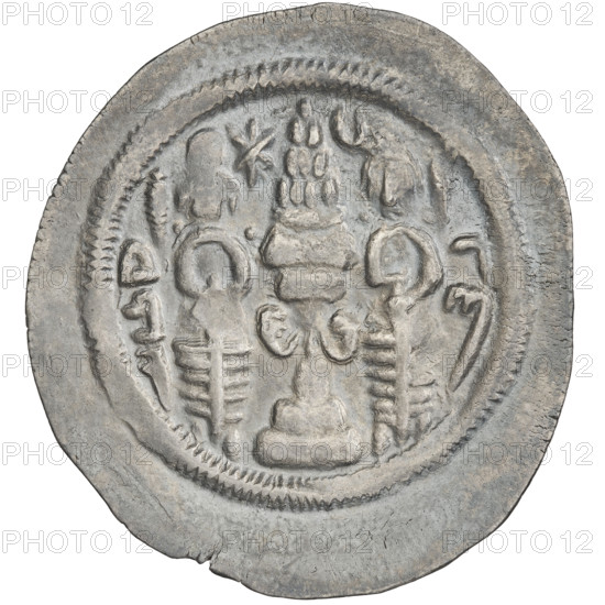 Drachma of Hormizd IV (r. 579–590). Obverse: bust of Hormizd IV facing right, wearing a crown decorated with a diadem; right a star, left a star in a crescent; triangular motif of three dots above the ear and as an earring; beads on the neck and a central triangle of three dots; pearl rim; symbol of the cosmos above the crown; crescents with stars at bottom and sides; Pahlavi legend. Reverse: fire altar; left the ruler standing facing forward holding a sword; right a priest standing facing forward holding a sword; star at upper left, crescent at upper right; signs/monograms at both sides; pearl rim; Pahlavi legend. Sassanid art/style, Sassanid Kingdom, Iran (Persia), 579–590. Coin: diameter 31.0 × 33.0 mm, weight 3.95 g.