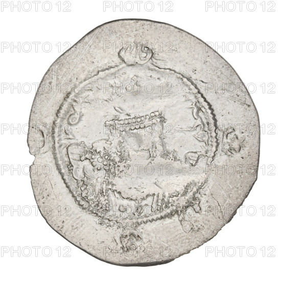 Drachma, Hormizd IV (ruler of Persia; 579–590). Obverse: bust of Hormizd IV facing right, wearing a crown decorated with a diadem; right of the bust a star, left a star in a crescent; above the ear and as an earring a triangle composed of three dots; beads on the neck and a central triangle of three dots; pearl rim; above the crown a symbol of the cosmos; at bottom and on both sides a crescent with a star; Pahlavi inscription. Reverse: burning altar; to its left the ruler/Arsaces standing facing forward with a sword in his hand; to the right a priest standing facing forward holding a sword; top left a star, top right a crescent; signs/monograms on both sides; pearl rim; Pahlavi inscription. Dated 579–590, Persia; coin; weight 3.97 g.