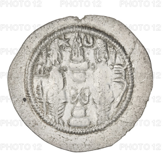Drachma, Hormizd IV (ruler of Persia; 579–590). Obverse: bust of Hormizd IV facing right, wearing a crown decorated with a diadem; right of bust a star, left a star in a crescent; above the ear and as an earring a triangle composed of three dots; beads on the neck and a central triangle of three dots; pearl rim; above the crown a symbol of the cosmos; at bottom and on both sides a crescent with a star; Pahlavi inscription. Reverse: burning altar; to its left the ruler/Arsaces stands facing forward with a sword; to the right a priest stands facing forward holding a sword; top left a star and top right a crescent; signs/monograms on both sides; pearl rim; Pahlavi inscription. Date: 579–590. Persia. Coin. Weight: 3.97 g.