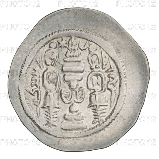 Drachma of Hormizd IV (r. 579–590). Obverse: bust of Hormizd IV facing right, wearing a crown decorated with a diadem; a star at right and a star in a crescent at left; triangle of three dots above the ear and as an earring; beads on the neck and a central triangle of three dots; pearl rim; symbol of the cosmos above the crown; crescents with stars at bottom and sides; Pahlavi inscription. Reverse: burning altar; to its left the ruler/Arsaces stands facing forward with a sword; to the right a priest stands facing forward holding a sword; star at upper left and crescent at upper right; signs/monograms at both sides; pearl rim; Pahlavi inscription. Persia, 579–590; coin; weight 3.80 g.