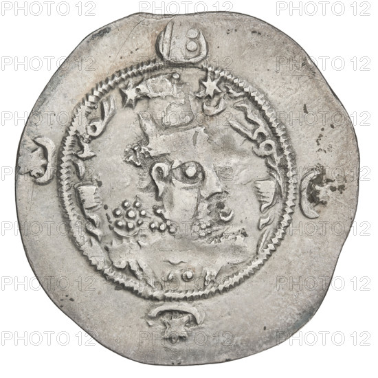 drachma, Hormizd IV (ruler of Persia; 579–590); obverse: bust of Hormizd IV right, wearing a crown decorated with a diadem; right a star, left a star in a crescent; above the ear and as an earring a triangle of three dots; beads on the neck and a central triangle of three dots; pearl rim; korymbos crown topped and flanked by crescents with stars; Pahlavi legend. Reverse: fire altar; left of altar the ruler stands facing forward holding a barsom, right a priest stands facing forward holding a barsom; top left a star, top right a crescent; signs/monograms at both sides; pearl rim; Pahlavi legend. Date: 579–590. Persia (Sassanid). Sassanid art; motifs: busts, altars, crowns, moons. Coin: drachma; diameter 31.0 × 32.0 mm; weight 3.77 g.