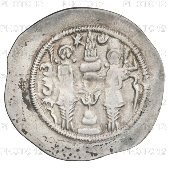 Drachma, Hormizd IV (ruler of Persia; 579–590). Obverse: bust of Hormizd IV right, wearing a crown decorated with a diadem; a star on the right and a star in a crescent on the left; a triangle composed of three dots above the ear and as an earring; beads and a central triangle of three dots on the neck; pearl rim; korymbos crown with crescents and stars. Pahlavi legend. Reverse: fire altar; left of altar the ruler stands facing forward holding a barsom, right of altar a priest stands facing forward holding a barsom; star at top left and crescent at top right; signs/monograms on both sides; pearl rim. Pahlavi legend. 579–590. Persia. Coin; diameter 31.0 × 32.0 mm; weight 3.77 g.
