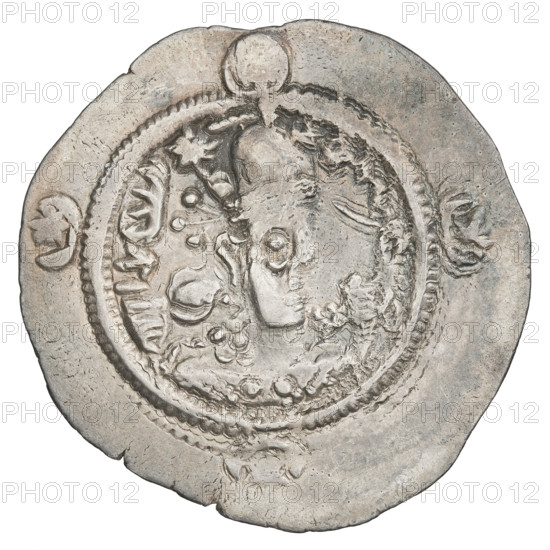 Drachma, Hormizd IV (ruler of Persia; 579–590). Obverse: bust of Hormizd IV facing right, wearing a crown decorated with a diadem; to the right a star, to the left a star in a crescent; above the ear and as an earring a triangle composed of three dots; beads on the neck and a central triangle of three dots; pearl rim; above the crown a symbol of the cosmos; at the bottom and on both sides a crescent with a star; Pahlavi inscription. Reverse: burning altar; to its left the ruler/Arsaces stands facing forward with a sword in his hand; to the right a priest stands facing forward holding a sword; top left a star, top right a crescent; signs/monograms on both sides; pearl rim; Pahlavi inscription. Dated 579–590, Persia. Coin; weight 3.75 g.