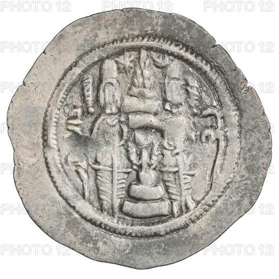 Drachma of Hormizd IV (r. 579–590). Obverse: bust of Hormizd IV facing right, wearing a crown decorated with a diadem; a star to the right and a star in a crescent to the left; a triangular three-dot motif above the ear and as an earring; beaded necklace with a central triangular three-dot motif; pearl rim; cosmic symbol above the crown; crescents with stars at bottom and sides; Pahlavi inscription. Reverse: burning altar; left of altar the ruler/Arsaces stands facing forward with a sword; right of altar a priest stands facing forward holding a sword; star at top left and crescent at top right; signs/monograms at both sides; pearl rim; Pahlavi inscription. Date: 579–590. Medium: coin (Persia). Weight: 3.75 g.