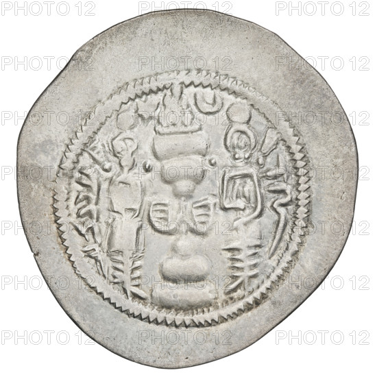 Drachma of Hormizd IV (r. 579–590). Obverse: bust of Hormizd IV facing right, wearing a crown decorated with a diadem; star at right and a star in a crescent at left; triangle of three dots above the ear and as an earring; beaded necklace with a central triangle of three dots; pearl rim; symbol of the cosmos above the crown; crescents with stars at bottom and sides; Pahlavi inscription. Reverse: burning altar; to its left the ruler/Arsaces standing facing forward with a sword; to the right a priest standing facing forward holding a sword; star at top left and crescent at top right; signs/monograms at both sides; pearl rim; Pahlavi inscription. Persia, 579–590; coin; weight 3.62 g.