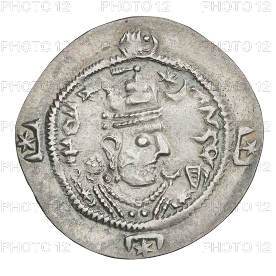 Drachma of Hormizd IV (r. 579–590). Obverse: bust of Hormizd IV facing right, wearing a crown decorated with a diadem; a star on the right and a star in a crescent on the left; triangle of three dots above the ear and as an earring; beads on the neck and a central triangle of three dots; pearl rim; korymbos crown with crescents and stars; Pahlavi legend. Reverse: fire altar; left of altar the ruler facing forward holding a sword; right of altar a priest facing forward holding a sword; star at top left and crescent at right; signs/monograms on both sides; pearl rim; Pahlavi legend. Sassanid art; Sassanid Kingdom; Iran/Persia; motifs: swords, altars, busts, crowns, moons; fire altar; korymbos. Date: 579–590. Coin. Diameter 30.0 mm; weight 3.32 g.