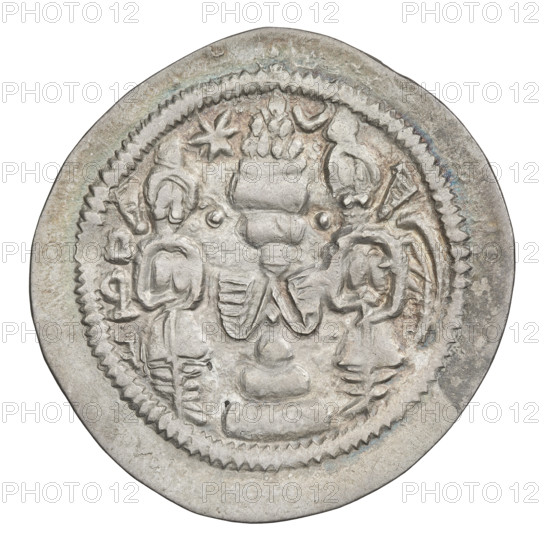 Drachma of Hormizd IV (r. 579–590). Obverse: bust of Hormizd IV right, wearing a crown decorated with a diadem; star at right, star in a crescent at left; triangle of three dots above the ear and as an earring; beads on the neck and triangle of three dots on the chest; pearl rim; korymbos crown with crescents and stars; Pahlavi legend. Reverse: fire altar; left of altar the ruler facing forward holding a sword; right of altar a priest facing forward holding a sword; star at top left, crescent at right, signs/monograms on both sides; pearl rim; Pahlavi legend. Sassanid art, Sassanid Kingdom, Persia (Iran), 579–590. Coin; diameter 30.0 mm, weight 3.32 g.