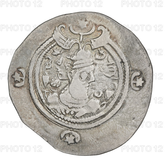 Drachma, Chosroes II Parwiz (ruler of Persia; 590–628). Obverse: bust of Chosroes II facing right, wearing a crown decorated with two wings, a crescent and a star; left a star, right within a crescent; beads around the neck and a central triangle composed of three dots; behind the crown two ribbons; double pearl rim; behind the rim at the bottom and on both sides a crescent with a star; Pahlavi inscription. Reverse: a burning altar; to its left the ruler/Arsaces standing straight with a sword, to the right a priest standing straight holding a sword; a star top left, a crescent on the right, signs/monograms on both sides; triple pearl border with four crescents and stars outside; Pahlavi inscription. Persia, 590–628. Coin; weight 4.50 g.