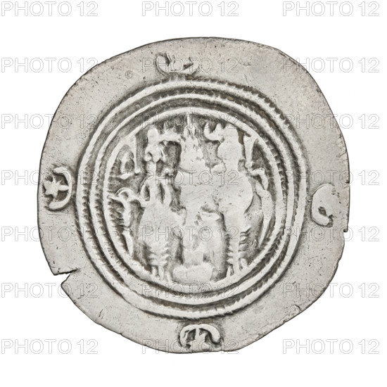Drachma, Chosroes II Parwiz (ruler of Persia; 590–628). Obverse: bust of Chosroes II facing right, wearing a crown decorated with two wings, a crescent and a star; to the left a star, to the right a crescent; beads around the neck and a central triangle of three dots; behind the crown two ribbons; double pearl rim; behind the rim at the bottom and on both sides a crescent with a star; Pahlavi inscription. Reverse: a burning altar; to its left the ruler/Arsaces standing upright with a sword; to the right a priest standing upright holding a sword; star at top left and crescent at right; signs/monograms on both sides; triple pearl border; outside it four crescents with stars; Pahlavi inscription. Date: 590–628. Persia. Coin. Weight: 4.02 g.
