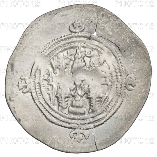 Drachma of Chosroes II Parwiz (ruler of Persia; 590–628). Obverse: bust of Chosroes II facing right, wearing a crown decorated with two wings, a crescent and a star; to the left a star, to the right a crescent; beads around the neck and a central triangle composed of three dots; behind the crown two ribbons; double pearl rim; below and at sides behind the rim a crescent with a star; Pahlavi inscription. Reverse: a burning altar; at left the ruler/Arsaces standing straight with a sword in his hand; at right a priest standing straight holding a sword; a star at upper left and a crescent at right; signs/monograms at both sides; triple pearl border with four crescents and stars outside; Pahlavi inscription. Persia, 590–628. Coin; weight 3.87 g.