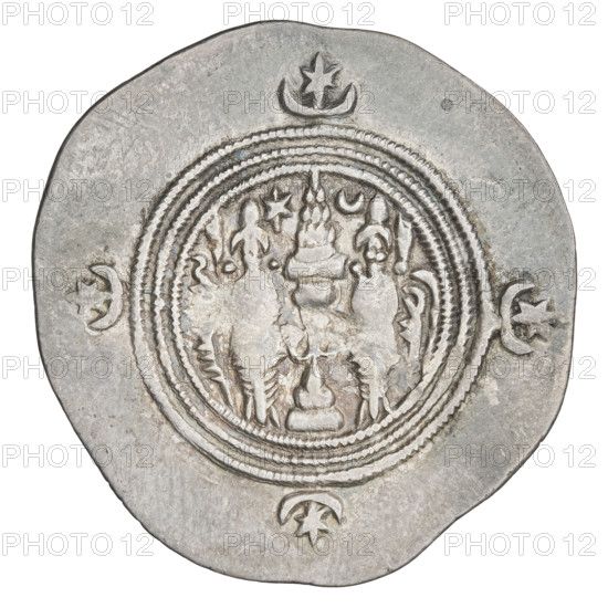 drachma, Chosroes II Parwiz (ruler of Persia; 590–628); obverse: bust of Chosroes II facing right, wearing a crown decorated with two wings, a crescent and a star; left field a star, right field a star in a crescent; beads on the neck and a central triangle of three dots; behind the crown two ribbons; double pearl border; behind the border at the bottom and on both sides a crescent with a star; Pahlavi legend. Reverse: fire altar; at left of altar the ruler facing forward holding a sword, at right a priest facing forward holding a sword; top left a star, top right a crescent; signs/monograms at both sides; triple pearl border; beyond it four crescents with stars; Pahlavi legend. Sassanid art/Sassanid Kingdom; Persia (Iran), 590–628. Coin: drachma; diameter 30.0 × 31.0 mm; weight 3.72 g.