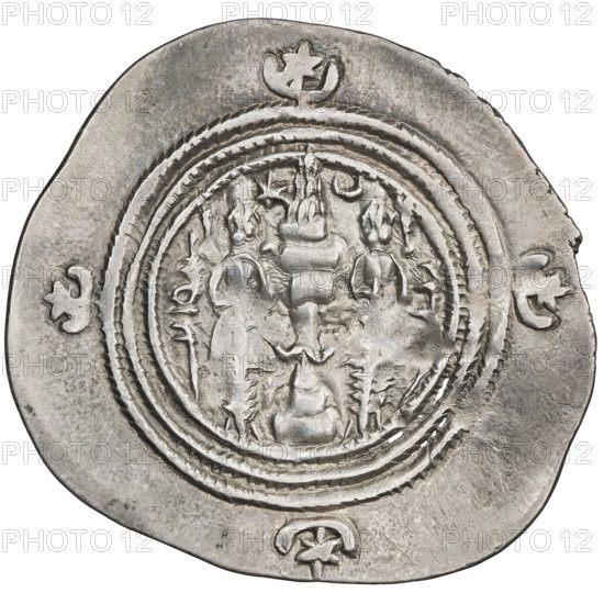 drachma, Chosroes II Parwiz (ruler of Persia; 590–628), busts, altars, crowns, swords, wings, moons, Iran, Persia, fire altar, Sassanid art, Sassanid Kingdom. Obv.: bust of Chosroes II right, in a crown decorated with two wings, a crescent and a star; on the left a star, on the right a star in a crescent; beads on the neck and in the centre a triangle composed of three dots; behind the crown two ribbons; double pearl border; behind the border at the bottom and on both sides a crescent with a star; Pahlavi legend. Rev.: Fire altar; on its left side the ruler, shown facing forward with a sword in his hand; on the right a priest stands facing forward holding a sword; on the top left a star, on the right a crescent; on both sides signs/monograms; triple pearl border; beyond it four crescents with stars; Pahlavi legend. Date: 590–628. Coin: diameter 30.0 × 32.0 mm, weight 4.90 g.