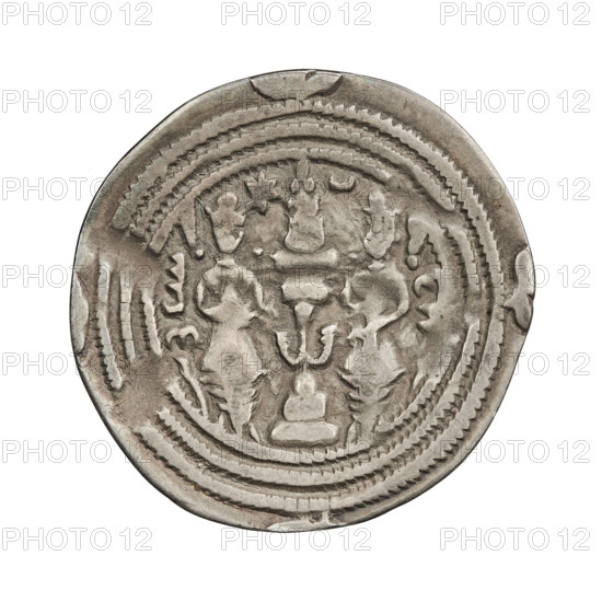Drachma, Chosroes II Parwiz (ruler of Persia; 590–628). Obverse: bust of Chosroes II facing right, wearing a crown decorated with two wings, a crescent and a star; to the left a star, to the right a crescent; beads around the neck and a central triangle composed of three dots; behind the crown two ribbons; double pearl rim; behind the rim at the bottom and on both sides a crescent with a star; Pahlavi inscription. Reverse: a burning altar; left of the altar the ruler/Arsaces standing straight with a sword in his hand; right of the altar a priest standing straight holding a sword; star at upper left, crescent at right; signs/monograms on both sides; triple pearl border with four crescents and stars outside; Pahlavi inscription. Date: 590–628. Place: Persia. Medium: coin. Weight: 2.77 g.