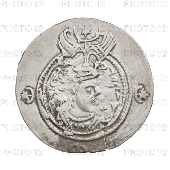 Drachma, Chosroes II Parwiz (ruler of Persia; 590–628). Obverse: bust of Chosroes II facing right, wearing a crown decorated with two wings, a crescent and a star; to the left a star, to the right within a crescent; beads around the neck and a central triangle composed of three dots; behind the crown two ribbons; double pearl rim; behind the rim at the bottom and on both sides a crescent with a star; Pahlavi inscription. Reverse: burning altar; to its left the ruler/Arsaces standing straight with a sword in his hand; to the right a priest standing straight holding a sword; a star at top left, a crescent at right; signs/monograms on both sides; triple pearl border; outside it four crescents with stars; Pahlavi inscription. 590–628, Persia; coin; weight 3.75 g.