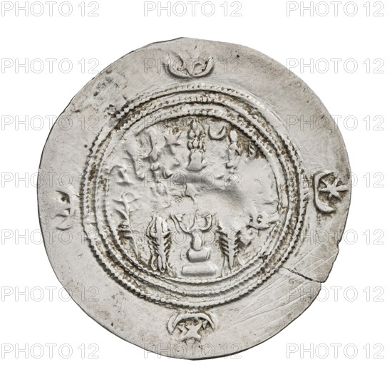 Drachma, Chosroes II Parwiz (ruler of Persia; 590–628). Obverse: bust of Chosroes II facing right, wearing a crown decorated with two wings, a crescent and a star; on the left a star, on the right within a crescent; beads around the neck and a central triangle composed of three dots; behind the crown two ribbons; double pearl rim; behind the rim at the bottom and on both sides a crescent with a star; Pahlavi inscription. Reverse: a burning altar; to its left the ruler/Arsaces standing upright with a sword; to the right a priest standing upright holding a sword; a star at top left and a crescent at top right; signs/monograms on both sides; triple pearl border with four crescents with stars outside it; Pahlavi inscription. Date: 590–628. Origin: Persia. Object: coin. Weight: 3.75 g.