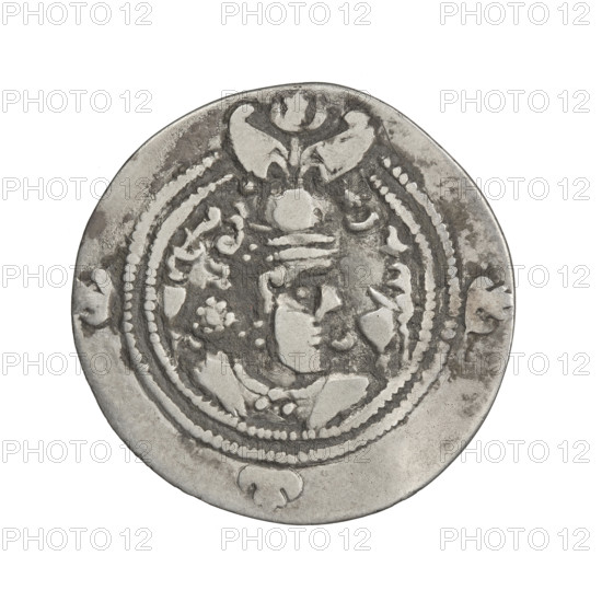 Drachma, Chosroes II Parwiz (ruler of Persia; 590–628). Obverse: bust of Chosroes II facing right, wearing a crown decorated with two wings, a crescent and a star; to the left a star, to the right a crescent; beads around the neck and a central triangle composed of three dots; ribbons behind the crown; double pearl rim; crescents with stars behind the rim at the bottom and on both sides; Pahlavi inscription. Reverse: burning altar; left of the altar the ruler/Arsaces standing straight with a sword in his hand; right of the altar a priest standing straight holding a sword; star at top left, crescent at right; signs/monograms on both sides; triple pearl border with four crescents and stars outside; Pahlavi inscription. 590–628, Persia. Coin; weight 2.50 g.