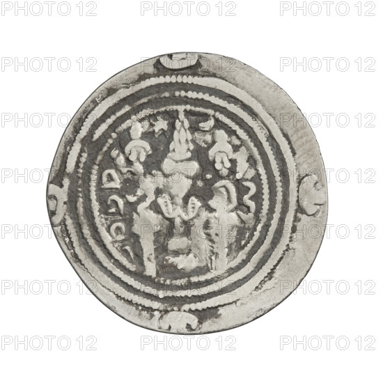 Drachma, Chosroes II Parwiz (ruler of Persia; 590–628). Obverse: bust of Chosroes II facing right, wearing a crown decorated with two wings, a crescent and a star; left a star, right within a crescent; beads around the neck and a central triangle composed of three dots; behind the crown two ribbons; double pearl rim; behind the rim at the bottom and on both sides a crescent with a star; Pahlavi inscription. Reverse: a burning altar; to its left the ruler/Arsaces standing straight with a sword in his hand; to the right a priest standing straight holding a sword; star at top left and crescent at right; signs/monograms on both sides; triple pearl border with four crescents with stars outside; Pahlavi inscription. 590–628, Persia; coin; weight 2.50 g.
