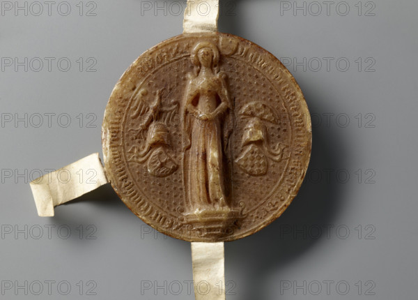 Majestic wax seal with a document: Agnieszka (Duchess of Swidnica; 1368–1392). Princely/rulers' seal depicting the duchess standing in a long robe and a long cloak fastened with a button, wearing a headdress. Flanked by two shields (Swidnica and Silesia) topped with jeweled helmets in a heraldic bow; a shield with the Austrian coat of arms appears next to the duchess's head woven into the rim inscription. Background is diagonally checkered. Rim inscription in minuscule: AGNES . DEI . GRA . DUCISSA . SLE . DNA . DE . FURSTENB'G . IN . SWYDNICZ ET . IN . HYAVOR. Date: 1389. Origin: Duchy of Swidnica. Seal diameter: 90 mm. Document dimensions: 193 mm and 260 + 52 mm (backing during exhibition approx. 45.0 × 31.5 × 3.0 cm).