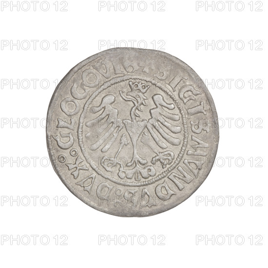 Glogów grosz, Sigismund I the Old (King of Poland; 1506–1548), horses, eagles, Pogon (coat of arms), claws, wings; Rev.: Polish eagle, in the rim an inscription divided by a cross: + SIGISMVNDVS : DVX : GLOGOVIE +; Obv.: Pogon, in the rim an inscription divided by a cross: + KAZIMIRI : POLONIE : NATVS +; dated 1506–1548; Glogów, Poland; coin; weight 2.23 g