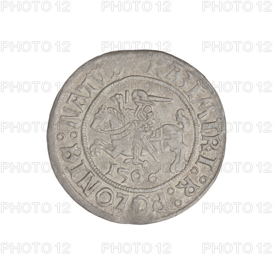 Glogów grosz, Sigismund I the Old (King of Poland; 1506–1548); obverse: Pogon (coat of arms). In the rim an inscription divided by a cross: + KAZIMIRI : POLONIE : NATVS +. Reverse: Polish eagle; in the rim an inscription divided by a cross: + SIGISMVNDVS : DVX : GLOGOVIE +. 1506–1548, Glogów, Poland; coin, weight 2.23 g.