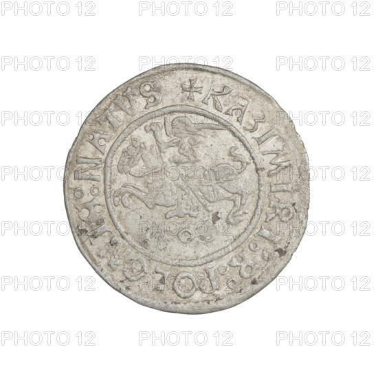 Glogów grosz, Sigismund I the Old (King of Poland; 1506–1548). Obverse: Pogon (coat of arms), horses, eagles, claws, wings; inscription in the rim divided by a cross: + KAZIMIRI : POLONIE : NATVS +. Reverse: Polish Eagle; inscription in the rim divided by a cross: + SIGISMVNDVS : DVX : GLOGOVIE +. Date: 1506–1548. Glogów, Poland. Coin; weight 2.16 g.