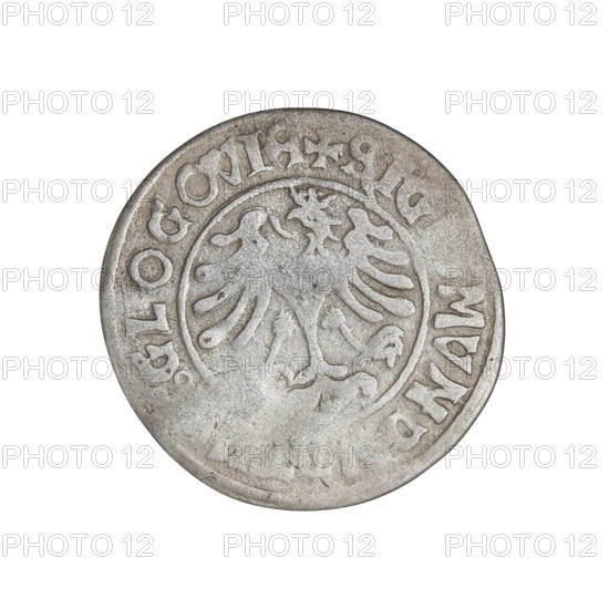 Glogów grosz, Sigismund I the Old (King of Poland; reign 1506–1548). Obverse: Pogon (coat of arms). Inscription in rim divided by a cross: + KAZIMIRI : POLONIE : NATVS +. Reverse: Polish eagle, horses, eagles, claws, wings. Inscription in rim divided by a cross: + SIGISMVNDVS : DVX : GLOGOVIE +. Date: 1506–1548. Place: Glogów, Poland. Coin; weight 1.69 g.