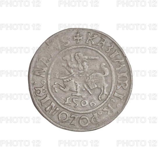 Glogów grosz, Sigismund I the Old (King of Poland; 1506–1548). Obverse: Pogon (coat of arms). Inscription in the rim divided by a cross: + KAZIMIRI : POLONIE : NATVS +. Reverse: Polish eagle, inscription in the rim divided by a cross: + SIGISMVNDVS : DVX : GLOGOVIE +. Date: 1506–1548. Place: Glogów, Poland. Coin, weight 1.94 g.