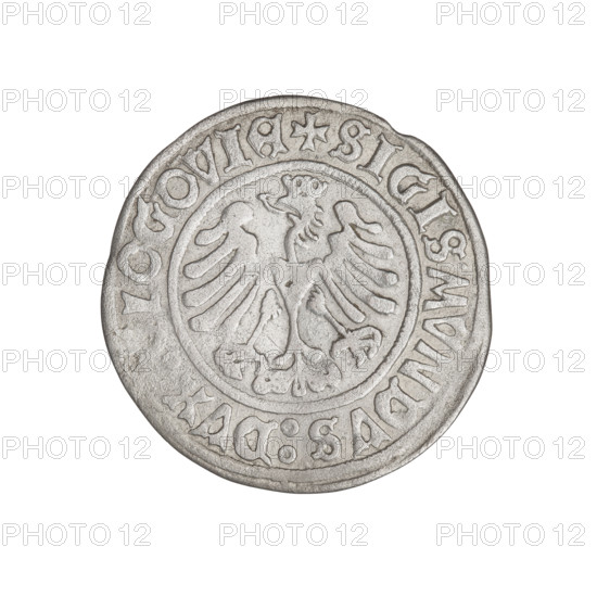 Glogów grosz, Sigismund I the Old (King of Poland; 1506–1548). Obverse: Pogon (coat of arms). Inscription in the rim divided by a cross: + KAZIMIRI : POLONIE : NATVS +. Reverse: Polish Eagle, inscription in the rim divided by a cross: + SIGISMVNDVS : DVX : GLOGOVIE +. Date: 1506–1548. Place: Glogów, Poland. Coin, weight 2.00 g.