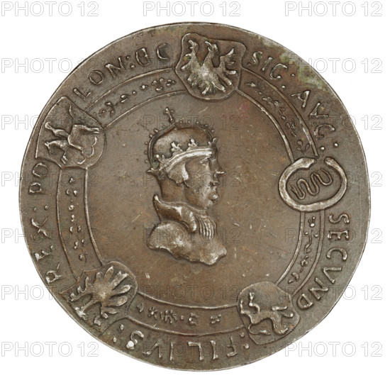 Crown medal thaler, Sigismund I the Old (King of Poland; 1506–1548). Obverse: bust of Sigismund I in a coif and crown; in the rim five shields with the coats of arms of Poland, Lithuania, Royal Prussia, Red Ruthenia, and Austria, and an inscription separated by coats of arms: SIGISM P REX PO LONIE MD LITHV 15 33. Reverse: bust of Sigismund Augustus in a coif and crown; in the rim shields with the coats of arms of Poland, Lithuania, Royal Prussia, Red Ruthenia, and Bona Sforza, and an inscription divided by shields: SIG : AVG : SECVND FILIVS : REX PO LON sc. Dated 1533. Coin; weight 26.57 g., A round metal coin with a worn brown and greenish patina showing a raised profile of a crowned figure facing right in the center, with visible facial features and a textured collar; a decorative circular border surrounds the central portrait with several shield-like emblems placed at intervals along the border, each containing different raised motifs; the outer rim is slightly irregular and shows a...