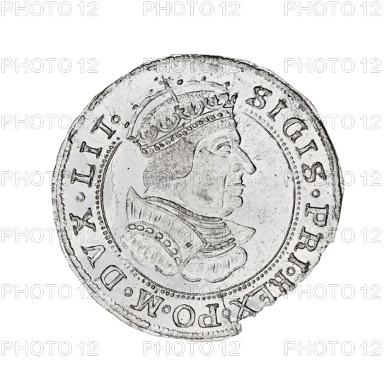 quarter crown thaler forgery by Majnert; Sigismund I the Old (King of Poland; 1506–1548); busts, crowns, armor. Obverse: bust of Sigismund I in a bonnet, crown and armor, turned right. Reverse: illegible. Date: 1506–1548. Poland. Coin. Weight: 3.77 g.