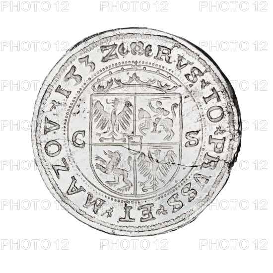 Quarter crown thaler forgery by Majnert; Sigismund I the Old (King of Poland; 1506–1548). Design: horses, crowns, coats of arms. Obverse: illegible. Reverse: bust of Sigismund Augustus in a cap and crown; on the sides date 15 40. In the rim coats of arms of Poland, Lithuania, Royal Prussia, Red Ruthenia and Bona Sforza; inscription SIG AVG SECUND FILIVS REX POLON., 1532. Medium: coin; weight 6.37 g.