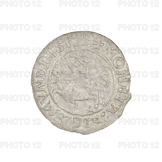 Lithuanian half-grosz, Sigismund I the Old (King of Poland; 1506–1548). Obverse: Pogon (Lithuanian coat of arms) turned left; in the rim between pearly borders an inscription: + MONETA:SIGISMVNDI:151Z:. Reverse: Polish crowned eagle; in the rim between pearly borders an inscription: + MAGNI:DVCIS:LITVANIE.:. Date: 1512. Grand Duchy of Lithuania. Coin (silver). Diameter about 19.5–20.0 mm. Weight 1.02 g. Subjects/styles: eagles, Jagiellon dynasty, coats of arms.