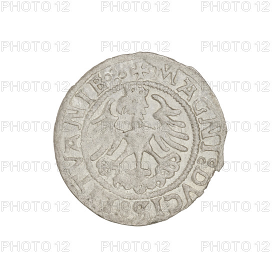 Lithuanian half-grosz, Sigismund I the Old (King of Poland; 1506–1548). Obverse: Pogon (Lithuanian coat of arms) turned left; in rim between pearly borders an inscription: + MONETA:SIGISMVNDI:151Z:. Reverse: Polish crowned eagle; in rim between pearly borders an inscription: + MAGNI:DVCIS:LITVANIE.:. Date: 1512. Materials/format: coin (Grand Duchy of Lithuania), diameter ~19.5–20.0 mm, weight 1.02 g. Keywords: eagles, Polish coins, Jagiellon dynasty, coat of arms.
