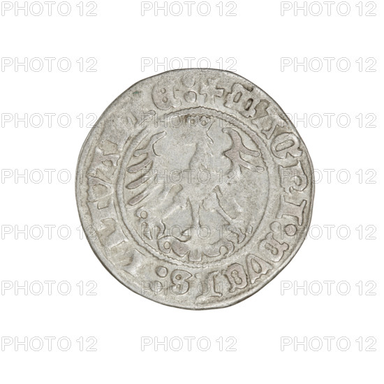 Lithuanian half-grosz, Sigismund I the Old (King of Poland; reign 1506–1548). Obverse: Pogon (Lithuanian coat of arms) turned left; in the rim between pearly borders the inscription '+ MONETA:SIGISMVNDI:1Z:'. Reverse: Polish crowned Eagle; in the rim between pearly borders the inscription '+ MAGNI:DVCIS:LITVANIE:'. Dated 1512. Grand Duchy of Lithuania, Vilnius. Coin (metal); diameter approx. 19.6–19.9 mm; weight 1.22 g. Subjects/motifs: eagles, Jagiellonian dynasty, coats of arms.