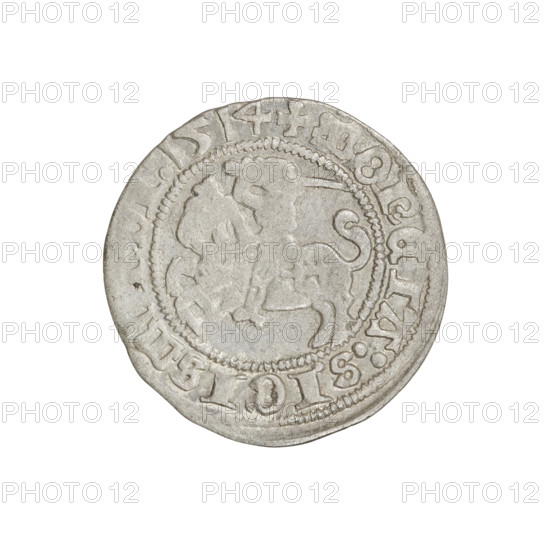Lithuanian half-grosz, Sigismund I the Old (king of Poland; 1506–1548). Obverse: Pogon turned left; in the rim between pearl borders an inscription: + COIN:SIGISM, 1514. Reverse: Polish Eagle with a crown; in the rim between pearl borders an inscription: + MAGNI:, :LITVANIE, 1514. Jagiellon dynasty; coats of arms (Eagle, Pogon). Grand Duchy of Lithuania, Vilnius. Coin. Diameter 19.9–20.1 mm; weight 1.12 g.