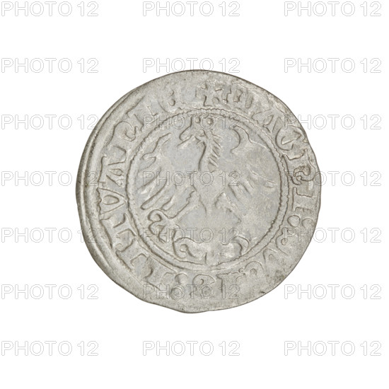 Lithuanian half-grosz, Sigismund I the Old (king of Poland; 1506–1548). Obverse: Pogon turned left; in the rim between pearl borders an inscription: + COIN:SIGISM, 1514. Reverse: Polish eagle with a crown; in the rim between pearl borders an inscription: + MAGNI:, :LITVANIE, 1514. Jagiellon dynasty; coats of arms (Eagle, Pogon). Grand Duchy of Lithuania, Vilnius, Poland. Coin. Diameter 19.9–20.1 mm; weight 1.12 g.