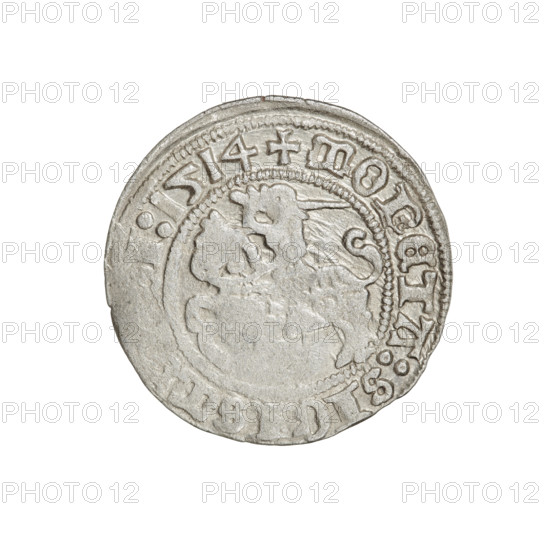 Lithuanian half-grosz, Sigismund I the Old (King of Poland; 1506–1548). Obverse: Pogon (Lithuanian coat of arms) turned left; in the rim between pearly borders an inscription: + MONETA:SIGISM, I:1514. Reverse: Polish crowned eagle; in the rim between pearly borders an inscription: + MAGNI:DVCIS, VANIE:, 1514. Grand Duchy of Lithuania, Vilnius. Coin (silver): diameter 20.0–20.3 mm, weight 1.24 g.