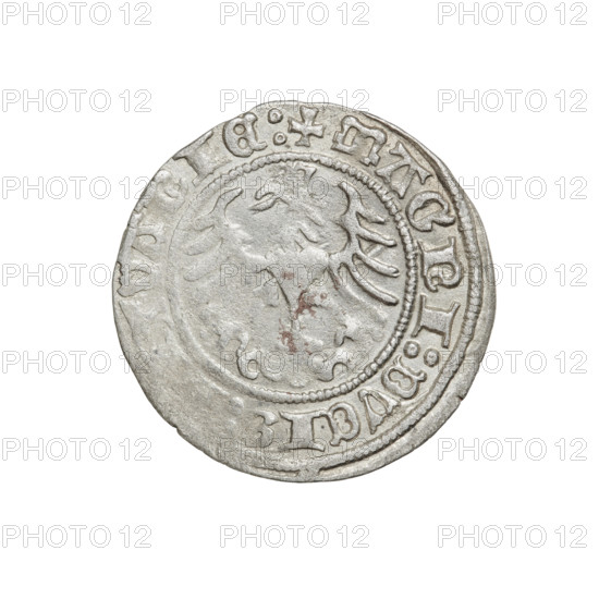 Lithuanian half-grosz of Sigismund I the Old (King of Poland, 1506–1548). Obverse: Pogon (Lithuanian coat of arms) turned left; inscription in rim between pearly borders: + MONETA:SIGISM, I:1514. Reverse: Polish crowned eagle; inscription in rim between pearly borders: + MAGNI:DVCIS, VANIE:, 1514. Grand Duchy of Lithuania, Vilnius. Coin; diameter 20.0–20.3 mm; weight 1.24 g.