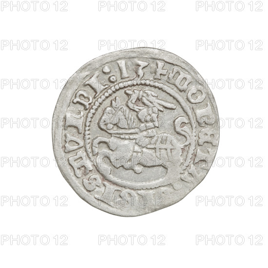 Lithuanian half-grosz, Sigismund I the Old (king of Poland; 1506–1548). Obverse: Pogon (Lithuanian mounted knight) turned left; in the rim between pearl borders an inscription: + MONETA, ISMVNDI:13. Reverse: Polish crowned eagle; in the rim between pearly borders an inscription: +, :DVCIS:LITVANIE.::. Dated 1513. Grand Duchy of Lithuania, Vilnius. Coin; diameter 19.5–20.4 mm; weight 1.13 g. Coats of arms: Eagle (Poland), Pogon (Lithuania). Jagiellon dynasty.